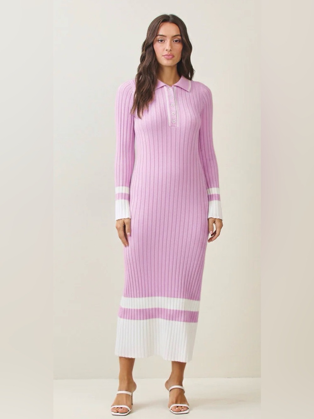 Able Pink Ribbed Polo Maxi Dress with White Trim